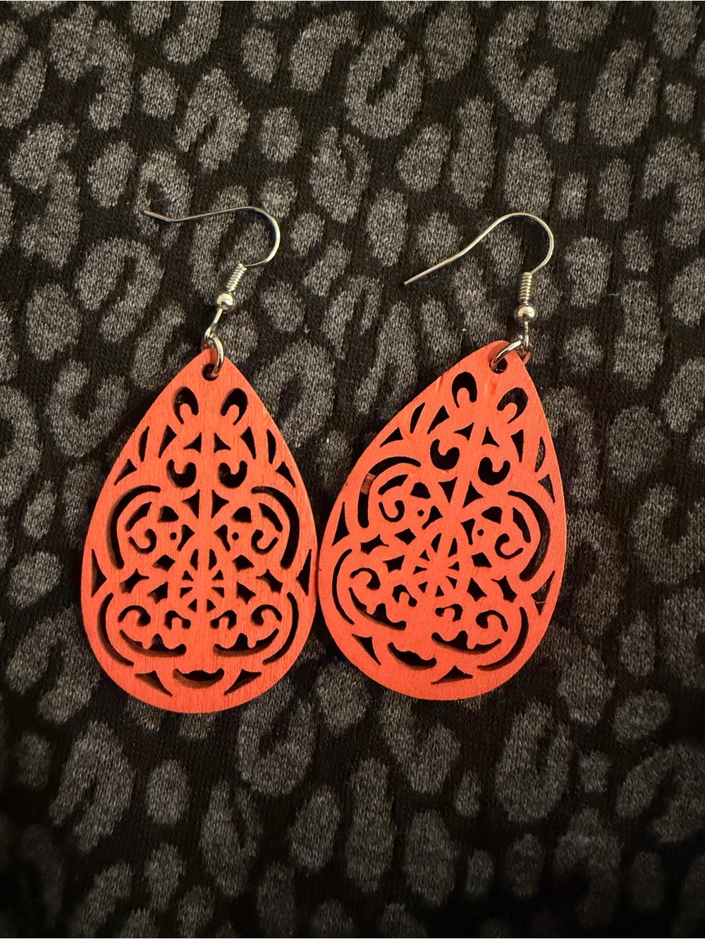 Red-Orange Wooden Teardrop Filigree Dangle Earrings